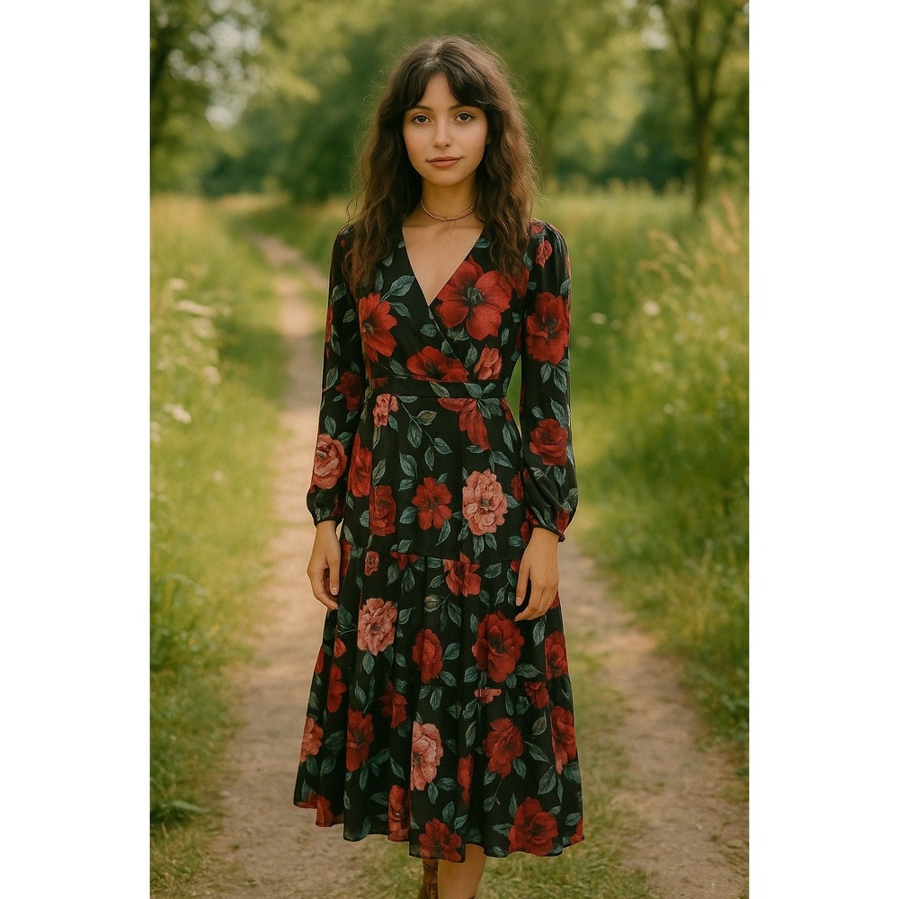 Cottagecore Prairie Boho Fairy Black Red Floral Sweet Ruffle Tiers Midi L Dress